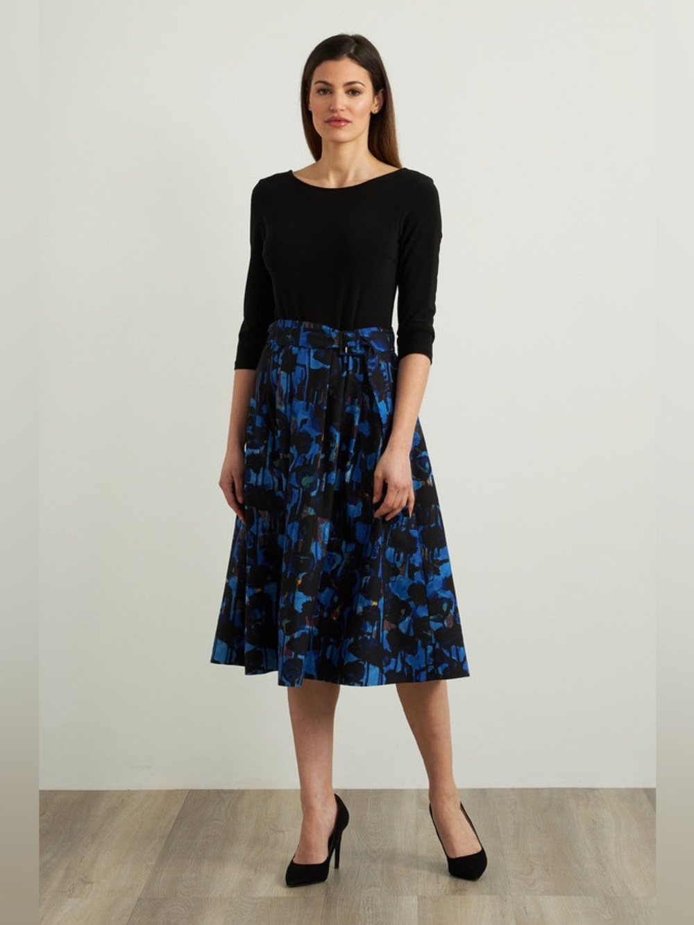 Joseph Ribkoff Two-Tone Floral Fit & Flare Midi Dress 8 3/4 Sleeves Formal Flowy